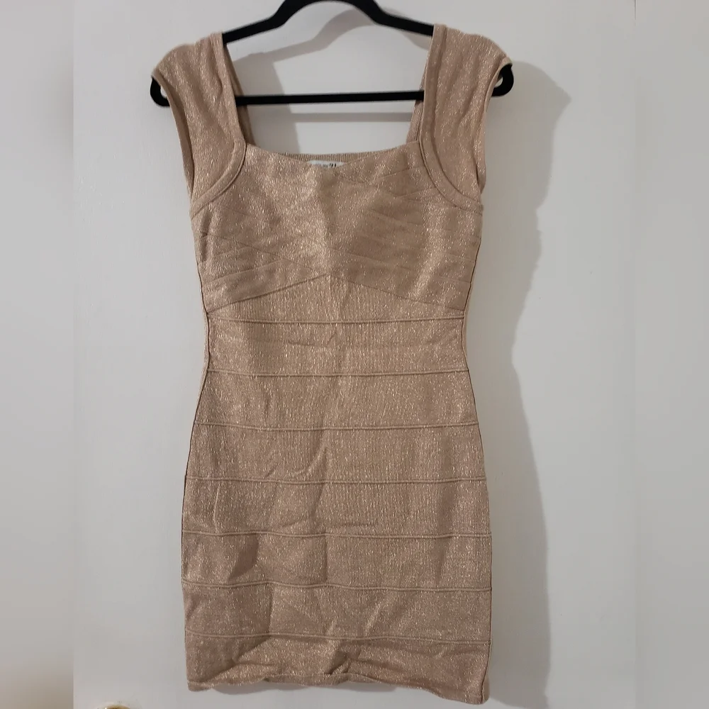 Gold Sparkle Banded Bodycon Dress Sz L - Picture 2 of 5